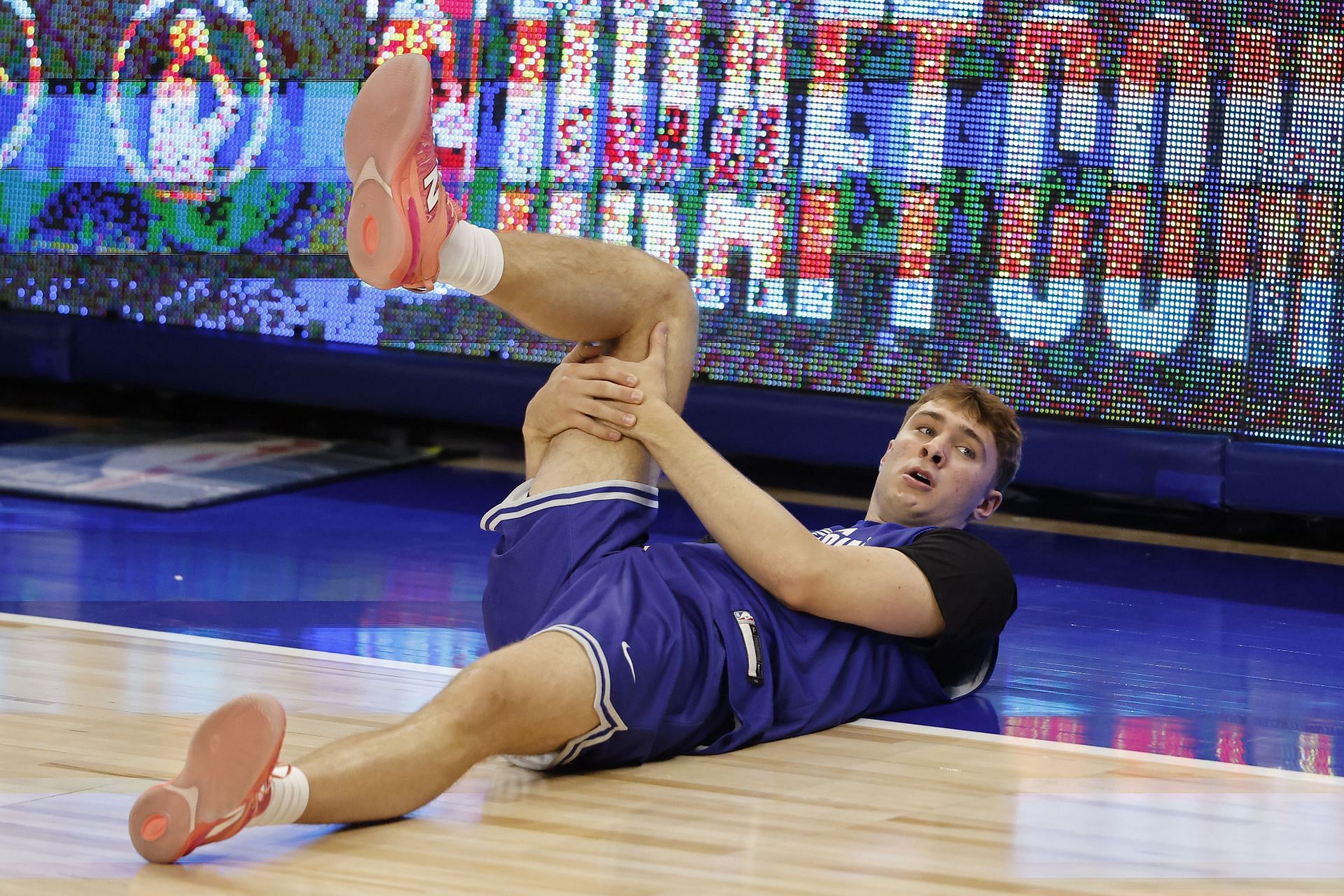 Cooper Flagg #51 stretches during the 2025 NBA Draft Combine at Wintrust Arena on May 13, 2025, in Chicago, Illinois. (Photo by Michael Reaves/Getty Images)